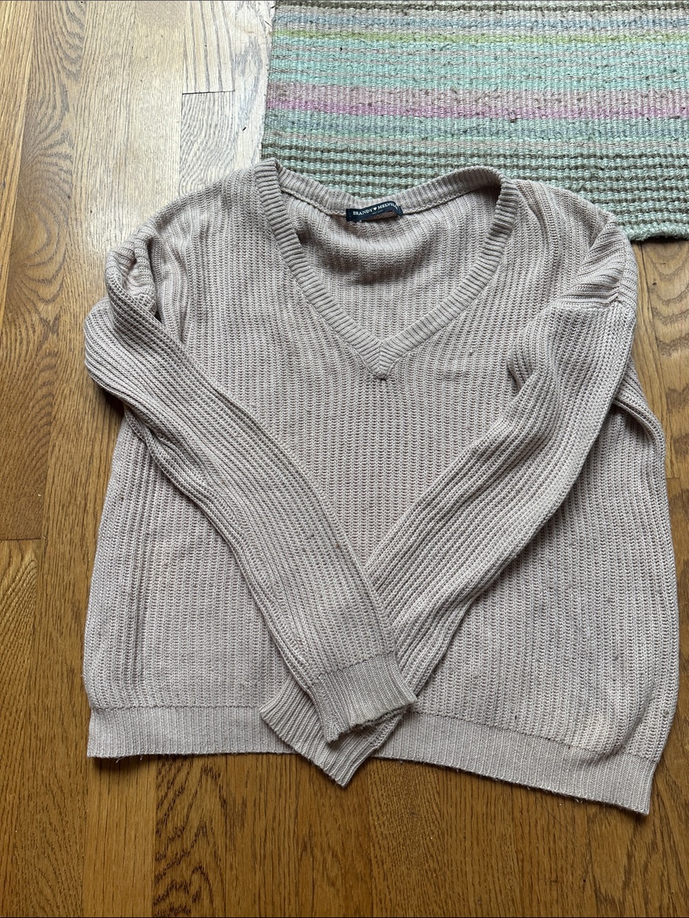 Brandy Melville Light Taupe V-Neck Ribbed Sweater